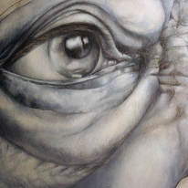 In progress- grisaille stage. Detail of Althea. Graphite, acrylic and oil on panel.